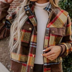 B151 Brown Plaid Print Chest Pockets Button Zipper Stand Neck Jacket